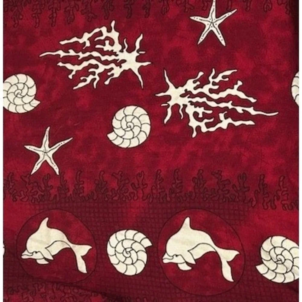 VTG Handmade Nautical Shell Starfish Dolphin Print Scarf Sarong Red Coastal Wrap